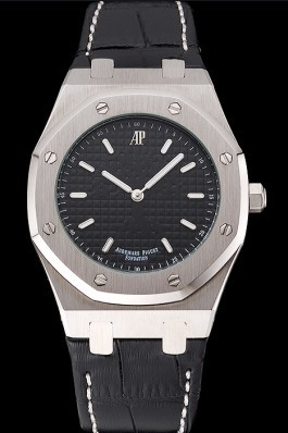 Audemars Piguet Royal Oak Fondation Black Dial Stainless Steel Case Black Leather Strap Piguet Replica