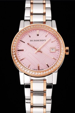 Replica Burberry The City Pink Dial Rose Gold Diamond Bezel Stainless Steel Case Two Tone Bracelet