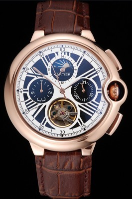 Cartier Ballon Bleu Flying Tourbillon Chronograph White Dial Rose Gold Case Brown Leather Strap Cartier Replica