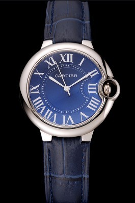 Cartier Ballon Bleu Silver Bezel with Dark Blue Dial and Dark Blue Leather Band 621555 Cartier Replica