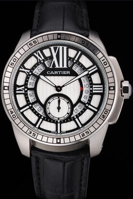 Cartier Calibre De Cartier Small Seconds Black And White Dial Stainless Steel Case Black Leather Strap Cartier Replica