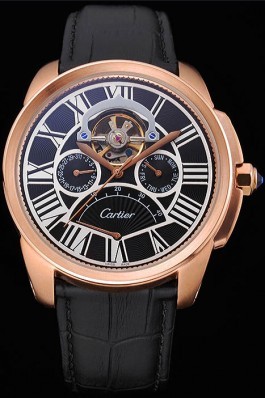 Cartier Calibre Tourbillon Black Dial Gold Case Black Leather Strap 622754 Cartier Replica