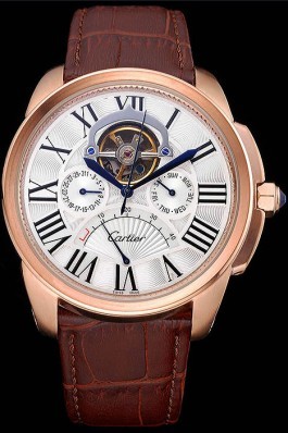 Cartier Calibre Tourbillon White Dial Gold Case Brown Leather Strap 622753 Cartier Replica