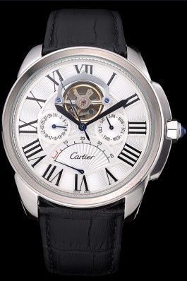 Cartier Calibre Tourbillon White Dial Stainless Steel Case Black Leather Strap 622751 Cartier Replica