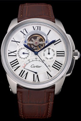 Cartier Calibre Tourbillon White Dial Stainless Steel Case Brown Leather Strap 622750 Cartier Replica