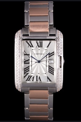 Cartier Tank Anglaise 36mm Silver Dial Diamonds Steel Case Two Tone Bracelet Cartier Replica