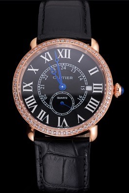 Cartier Ronde Louis Cartier Black Dial Gold Case Diamond Bezel Black Leather Strap Cartier Replica