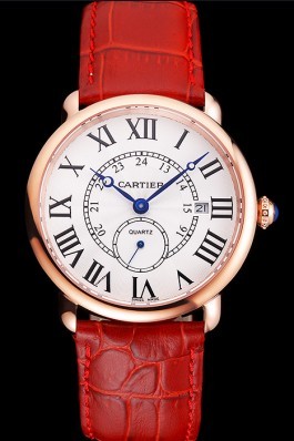 Cartier Ronde Louis Cartier White Dial Gold Case Red Leather Strap Cartier Replica