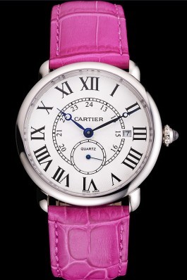 Cartier Ronde Louis Cartier White Dial Stainless Steel Case Fuchsia Leather Strap Cartier Replica