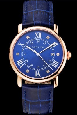 Cartier Ronde Solo Blue Dial Diamond Hour Marks Rose Gold Case Blue Leather Strap Cartier Replica