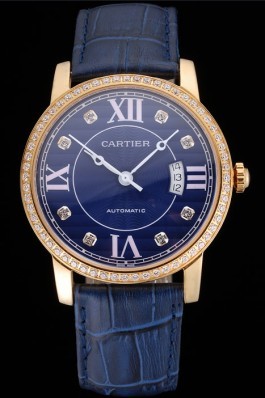 Swiss Cartier Ronde Solo Blue Dial Gold Diamond Case Blue Leather Strap Cartier Replica