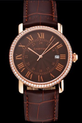 Cartier Ronde Solo Brown Dial Diamond Bezel Rose Gold Case Brown Leather Strap Cartier Replica