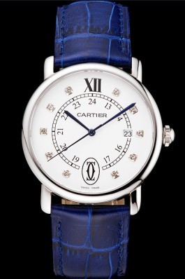 Cartier Ronde Solo White Dial Diamond Hour Marks Stainless Steel Case Blue Leather Strap Cartier Replica