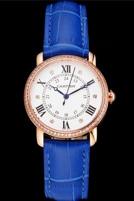 Cartier Ronde White Dial Diamond Bezel Rose Gold Case Blue Leather Strap Cartier Replica