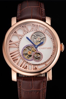 Cartier Rotonde De Cartier Flying Tourbillon White Dial Rose Gold Numerals Rose Gold Case Brown Leather Strap Cartier Replica