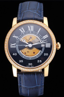 Swiss Cartier Rotonde Small Complication Blue Dial Gold Diamond Case Blue Leather Strap Cartier Replica
