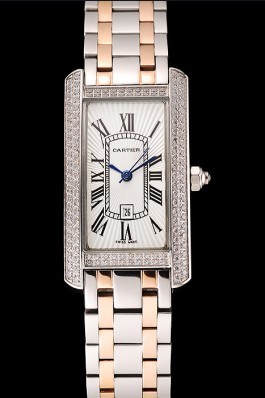 Cartier Tank Americaine White Dial Diamond Bezel Stainless Steel Case Two Tone Bracelet 1453778 Cartier Replica