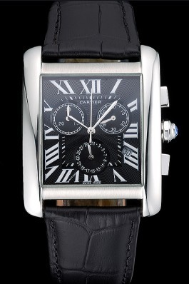 Cartier Tank MC Black Dial Stainless Steel Case Black Leather Bracelet 622690 Cartier Replica