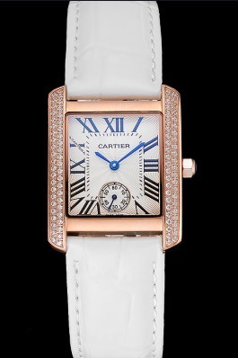 Cartier Tank MC Gold Diamond Case White Dial White Leather Strap 622169 Cartier Replica