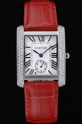 Cartier Tank MC Stainless Steel Diamond Case White Dial Red Leather Strap 622173 Cartier Replica