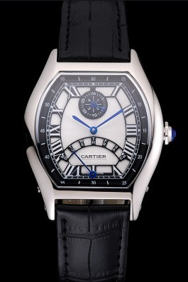Cartier Tortue Perpetual Calendar White Dial Stainless Steel Case Black Leather Strap Cartier Replica