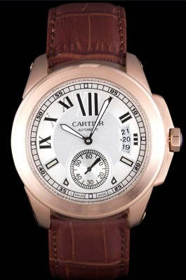 Cartier Calibre White Dial Gold Case Brown Leather Bracelet Cartier Replica