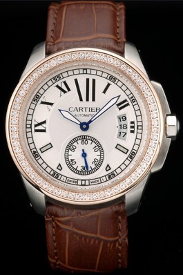Cartier Calibre White Dial Diamonds Two Tone Case Brown Leather Bracelet Cartier Replica