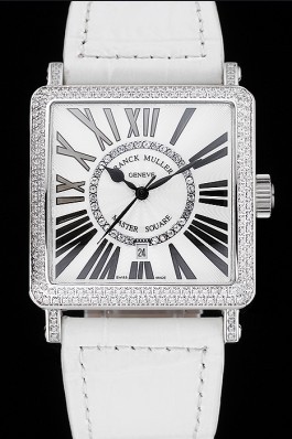 Franck Muller Master Square Diamond Encrusted Stainless Steel Bezel White Croco Bracelet 80284 Franck Muller Replica Watch