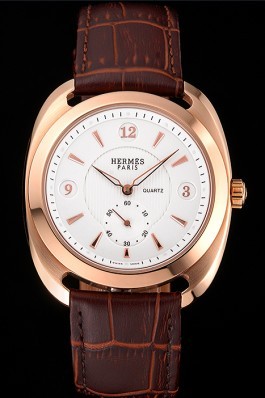 Hermes Dressage White Dial Rose Gold Case Brown Leather Strap Hermes Replica Watches