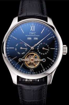 IWC Portofino Tourbillon Black Dial Stainless Steel Case Black Leather Strap Iwc Replica