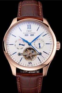 IWC Portofino Tourbillon White Dial Blue Markings Rose Gold Case Brown Leather Strap Iwc Replica