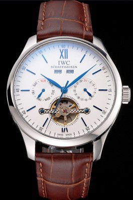 IWC Portofino Tourbillon White Dial Blue Markings Stainless Steel Case Brown Leather Strap Iwc Replica