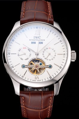IWC Portofino Tourbillon White Dial Stainless Steel Case Brown Leather Strap Iwc Replica
