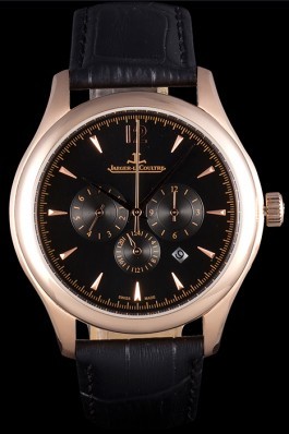 Jaeger Lecoultre Master Chronograph Gold Bezel Black Leather Band 621619 Le Coultre Watch