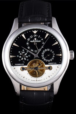 Jaeger Lecoultre Tourbillon Perpetuel Silver Bezel Black Leather Band 621614 Le Coultre Watch