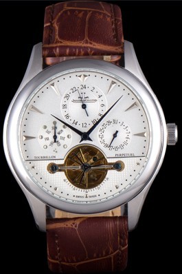 Jaeger Lecoultre Tourbillon Perpetuel Silver Bezel Brown Leather Band 621617 Le Coultre Watch