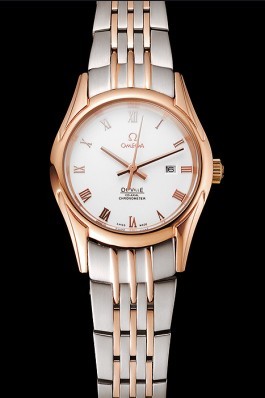 Omega De Ville Ladies White Dial Rose Gold Case Two Tone Bracelet 1453782 Omega Replica Watch