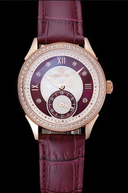 Omega DeVille Prestige Dark Red Dial Gold Diamond Case Dark Red Leather Bracelet 1454125 Omega Replica Watch