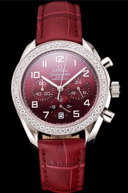 Omega Speedmaster Burgundy Dial Stainless Steel Case Diamond Bezel Burgundy Leather Strap Omega Speedmaster Replica
