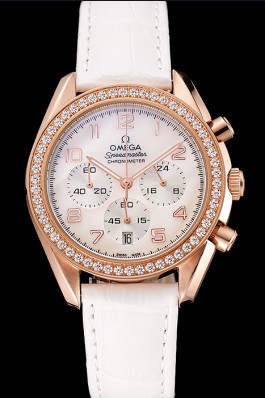 Omega Speedmaster White Dial Rose Gold Case Diamond Bezel White Leather Strap Omega Speedmaster Replica