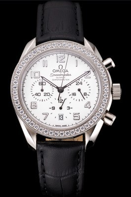 Omega Speedmaster White Dial Stainless Steel Case Diamond Bezel Black Leather Strap Omega Speedmaster Replica