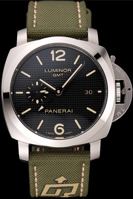 Panerai Luminor 1950 3-Days GMT Silver Case Black Dial Green Bracelet 1454016 Panerai Luminor Replica