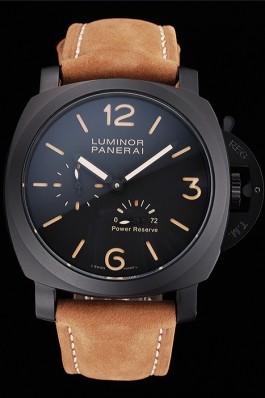 Panerai Luminor 1950 3 Days Power Reserve Black Dial Black Case Brown Suede Leather Strap Panerai Luminor Replica