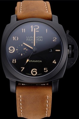 Panerai Luminor 1950 GMT Ceramica Black Dial Matte Black Case Brown Suede Leather Strap Panerai Luminor Replica