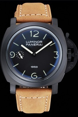 Panerai Luminor Black Ionized Stainless Steel Case Black Dial Brown Suede Leather Strap Panerai Luminor Replica