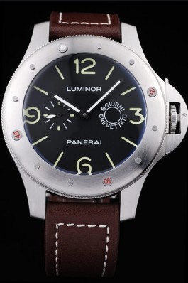 Panerai Luminor Brushed Stainless Steel Case Black Dial Dark Brown Leather Strap Panerai Luminor Replica