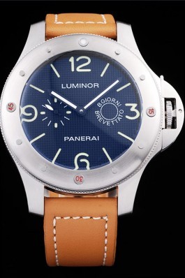 Panerai Luminor Brushed Stainless Steel Case Blue Dial Brown Leather Strap Panerai Luminor Replica