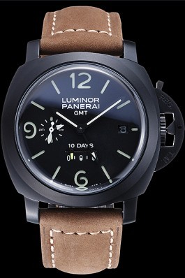 Panerai Luminor GMT Ion Plated Stainless Steel Bezel Khaki Leather Bracelet 622315 Panerai Luminor Replica