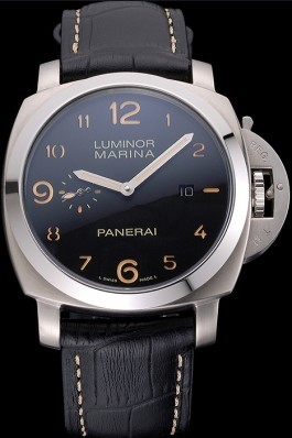 Panerai Luminor Marina 1950 Black Dial Brushed Steel Case Black Embossed Leather Strap Panerai Luminor Replica