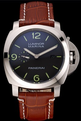 Panerai Luminor Marina 1950 Black Dial Brushed Steel Case Light Brown Leather Strap Panerai Luminor Replica
